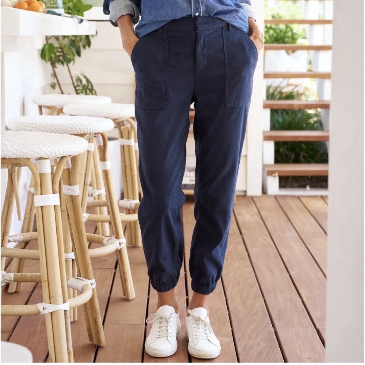 Frank & Eileen Jameson Navy Blue Cotton Flax Linen Utility Jogger Pants Size 2